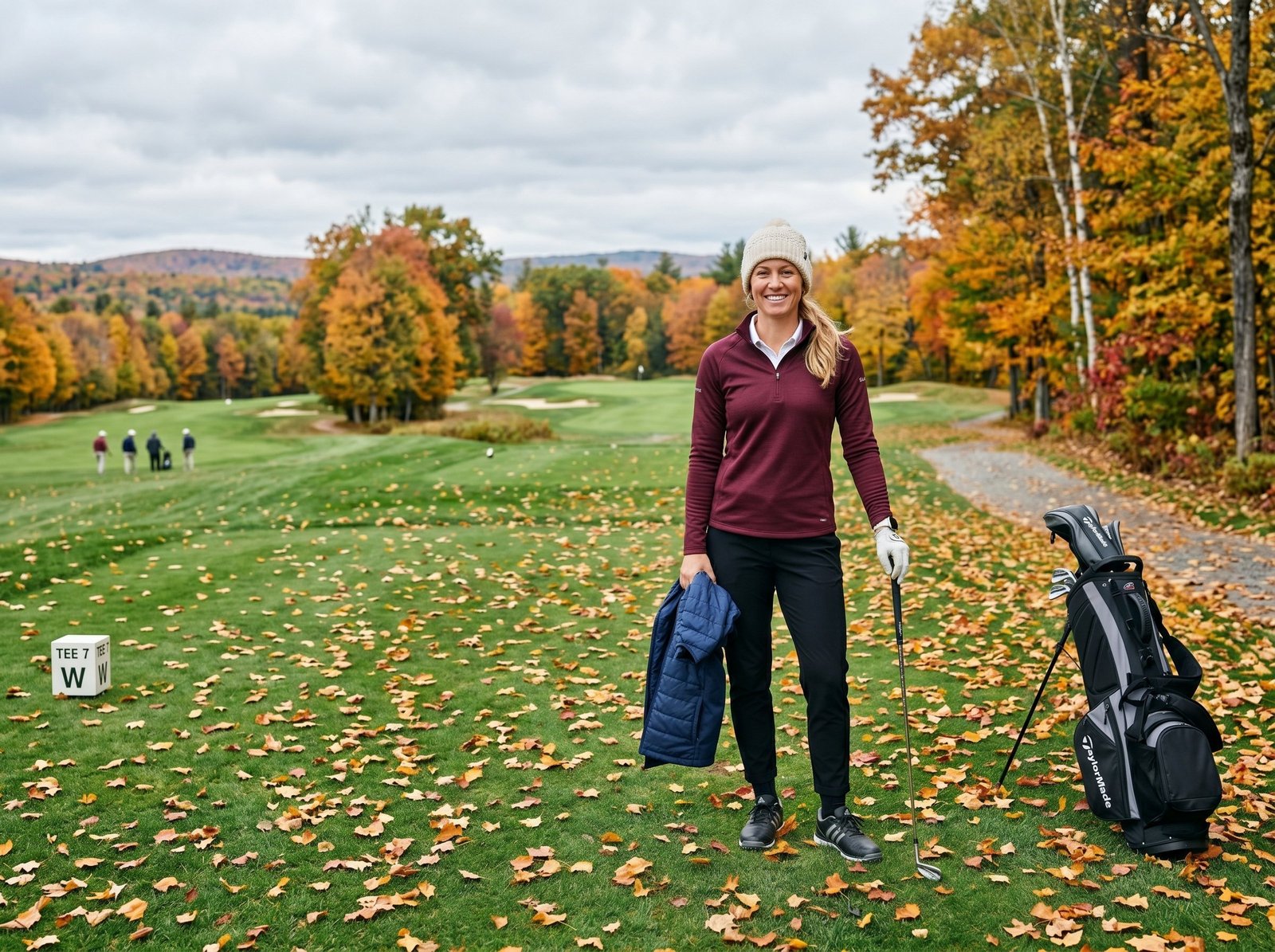 Female golfer in a beanie holding a jacket and club on a fairway covered in fallen autumn leaves.