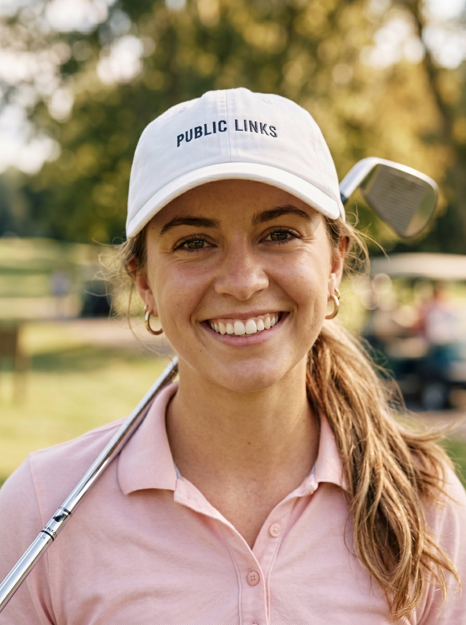 Young woman in a pink polo and white baseball hat holding a golf club while smiling at the camera outdoors.