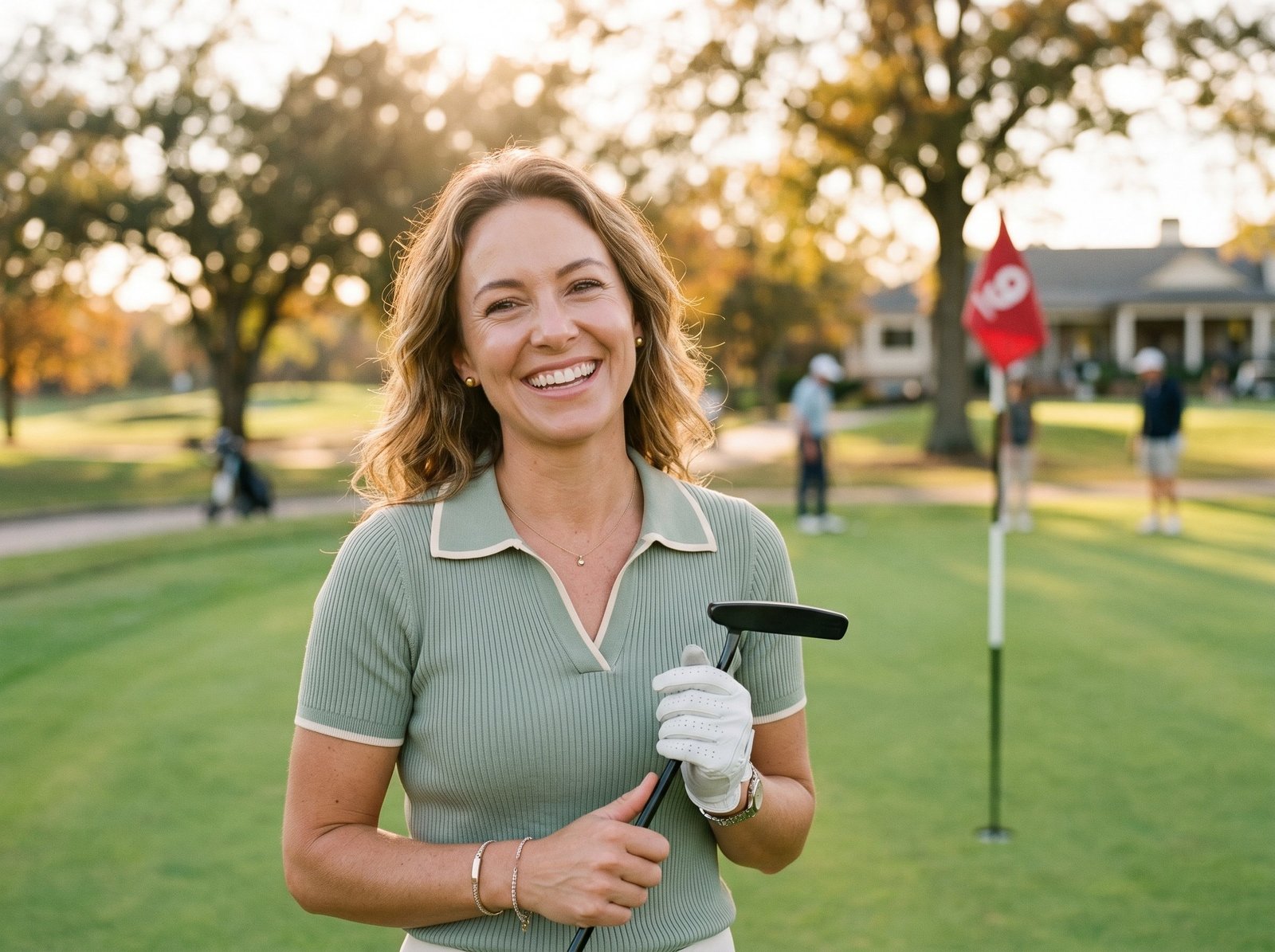 Portrait of a laughing woman wearing a green polo shirt and golf glove while holding a putter.