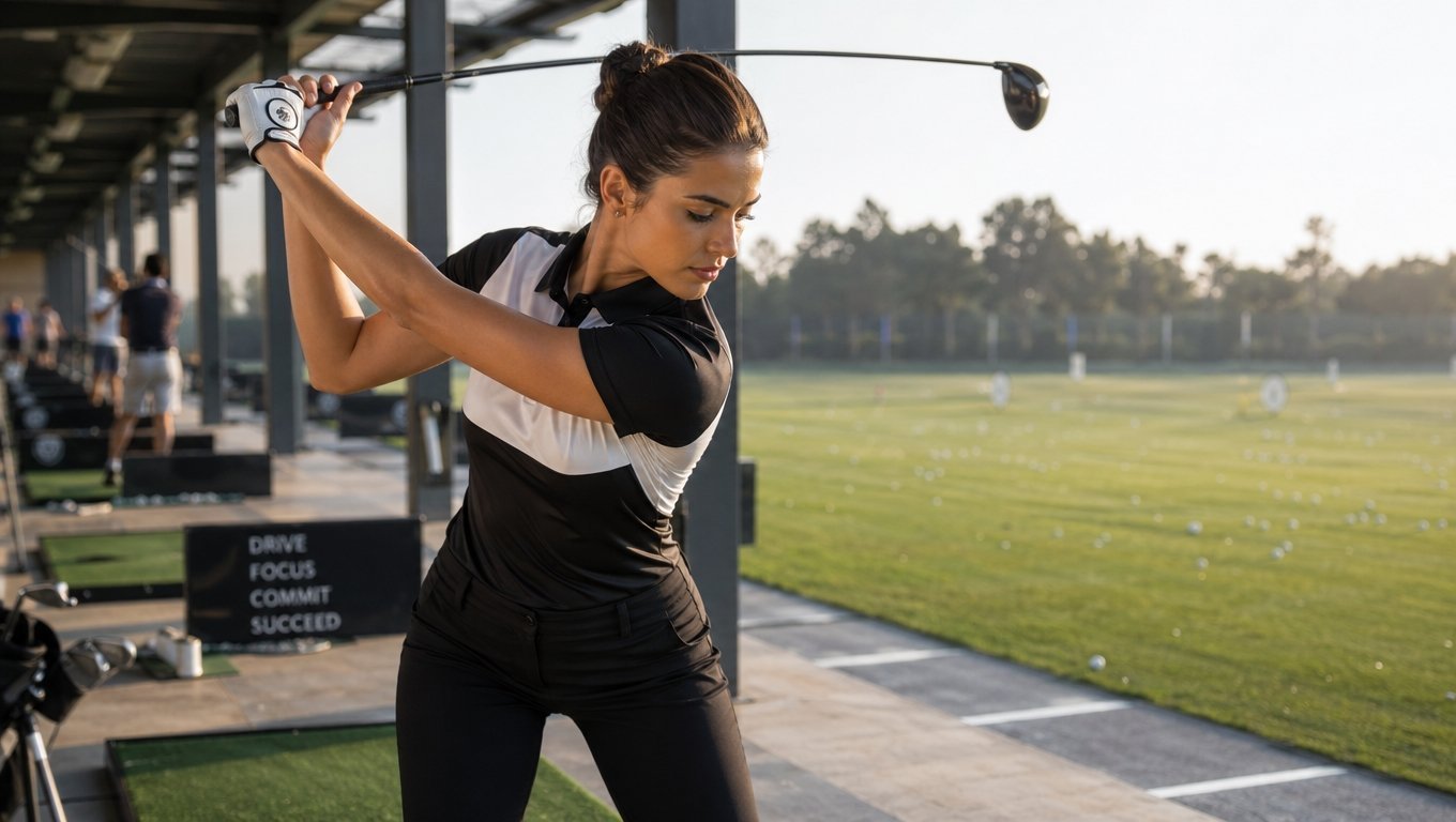 Young woman in a black and white polo shirt preparing to hit a golf ball at an outdoor practice facility.