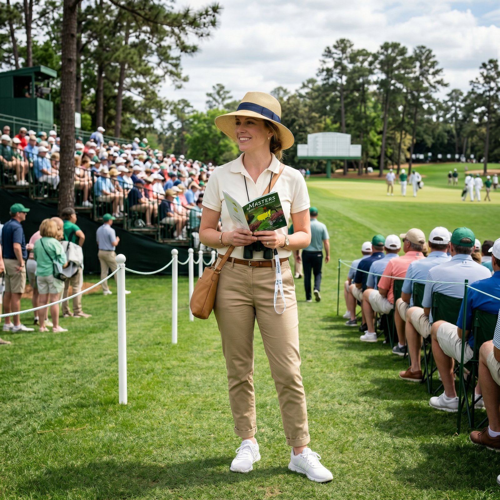 Woman in a straw hat holding a Masters brochure while standing on a lush green golf course spectator area.