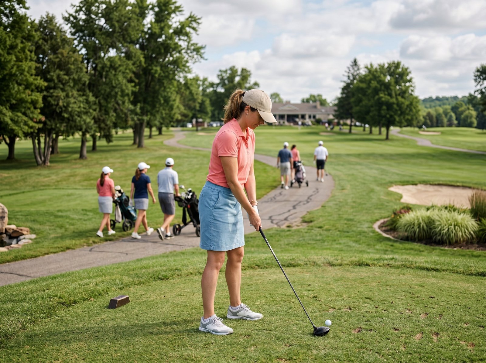 A woman in a pink polo and denim skirt holds a golf club, ready to swing at a ball on a lush green tee box.