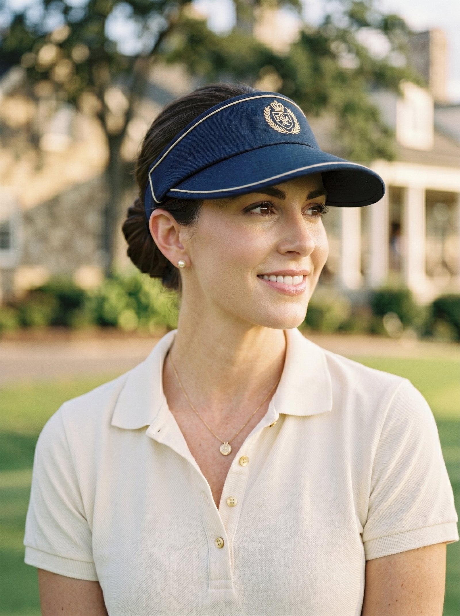 Portrait of a woman wearing a navy blue visor with a gold crest and a cream colored polo shirt.