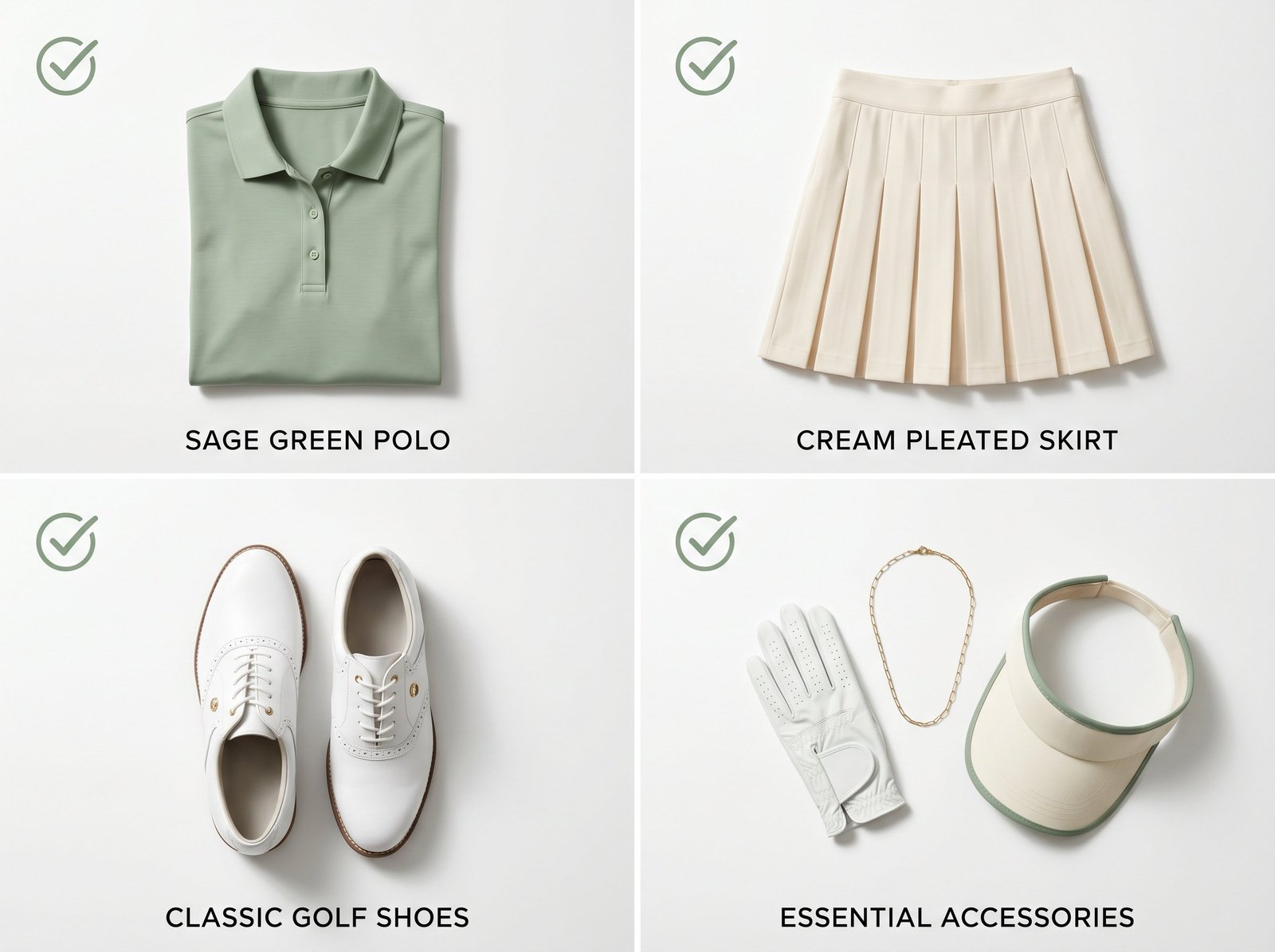 A four-part image displaying a green polo shirt, pleated skirt, white golf shoes, and matching sports accessories.