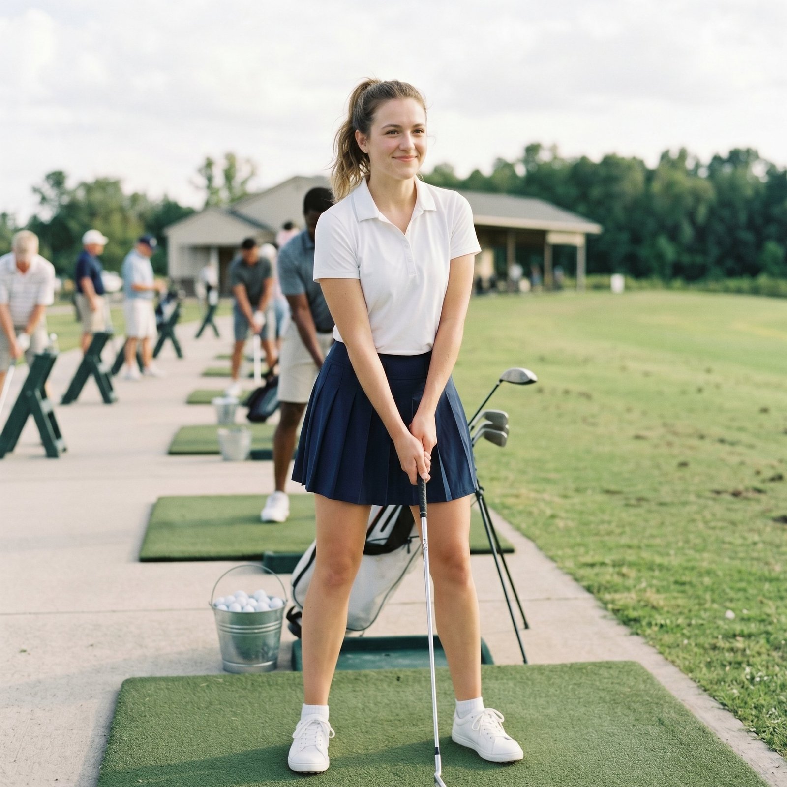 A smiling young woman in a white polo and navy pleated skirt holding a golf club on a driving range.