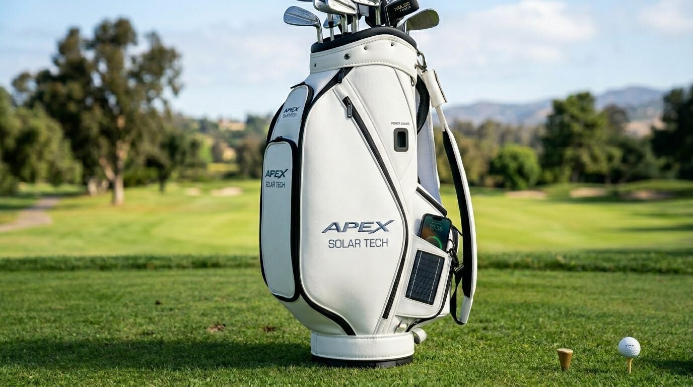 White Apex golf bag featuring a solar panel and phone charging pocket on a grassy course.