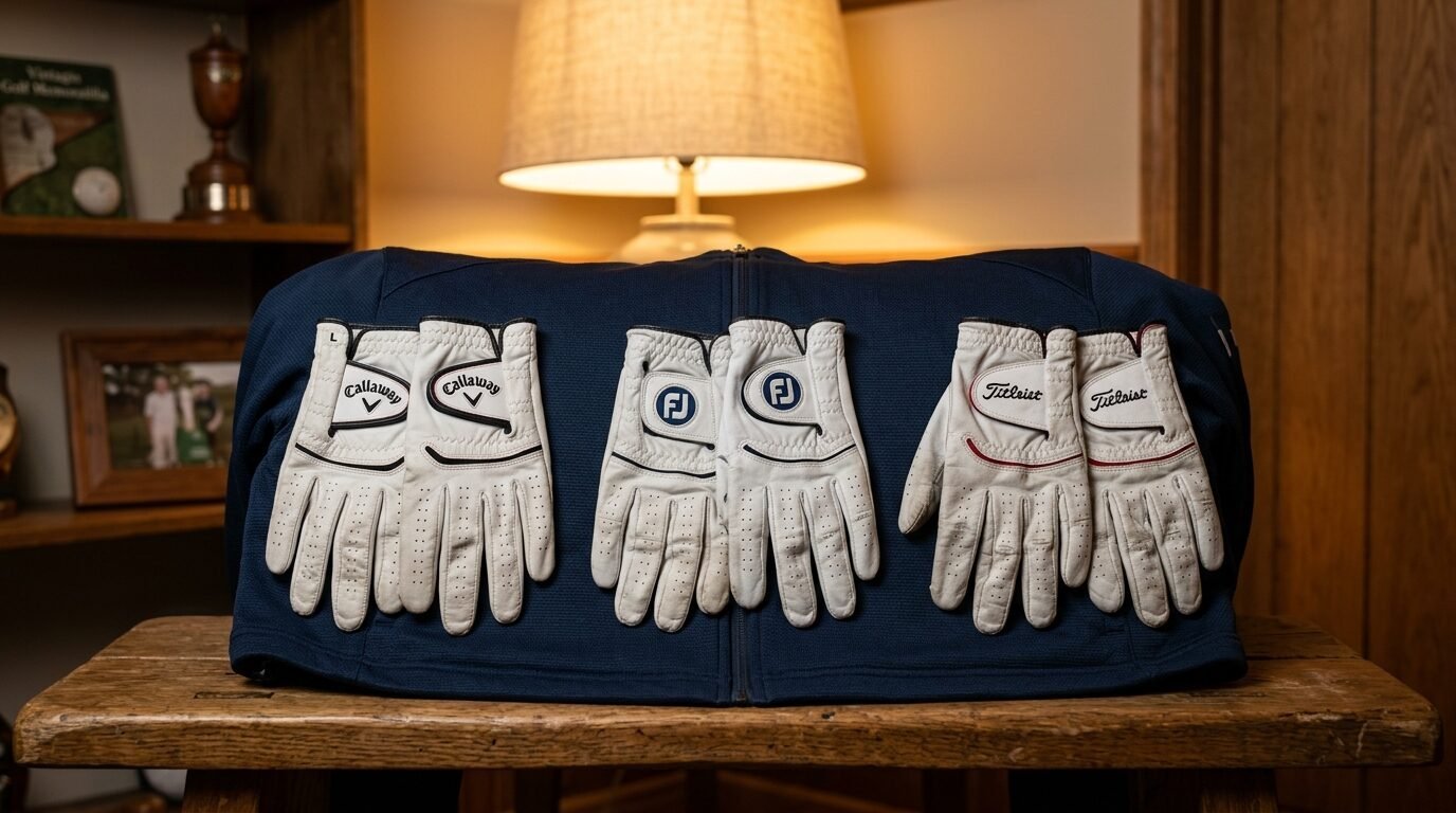 Callaway, FootJoy, and Titleist leather golf gloves lined up on a blue jacket on a wooden bench.
