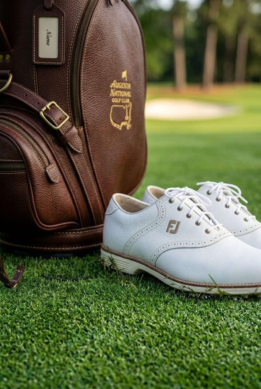 A brown leather golf bag featuring the Augusta National logo standing next to white leather golf shoes on green grass.