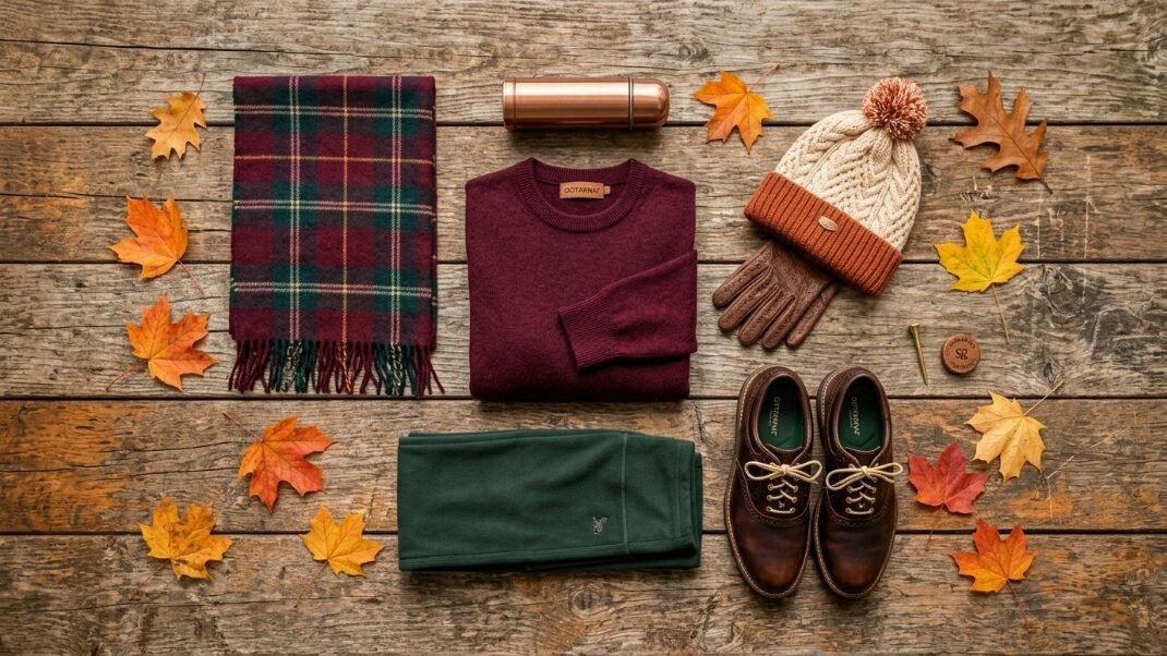 Flat lay of a burgundy sweater, plaid scarf, beanie, gloves, and leather shoes with autumn leaves.