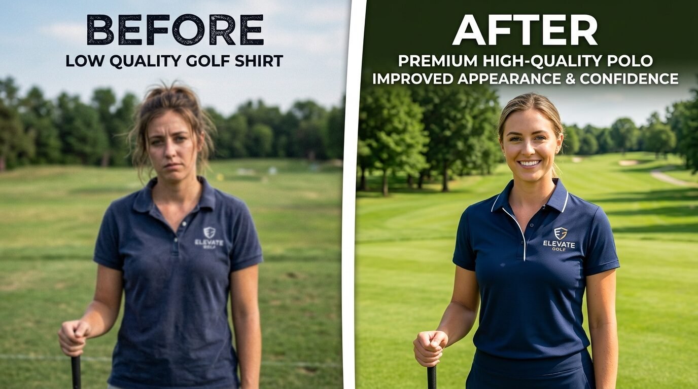 A woman wearing a wrinkled golf shirt next to her in a crisp premium navy blue polo on a green golf course.