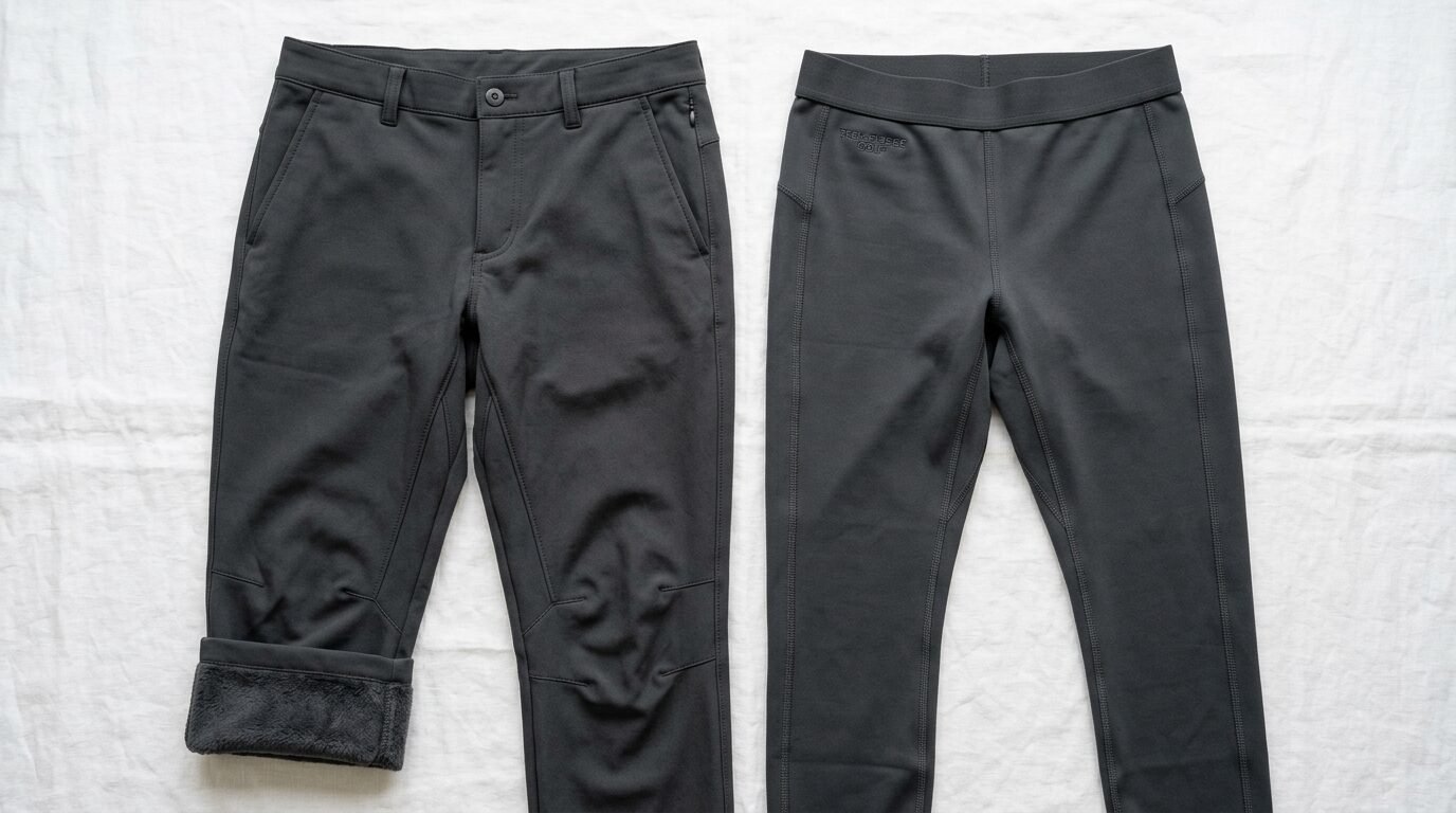 Close up of dark grey athletic pants showing a plush inner fleece lining beside a pair of matching fitted leggings.