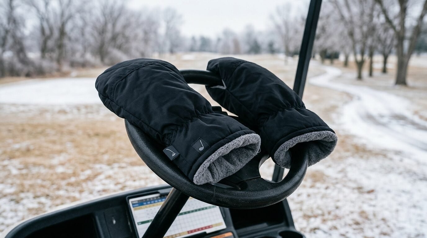 A pair of black insulated golf cart mittens resting on a steering wheel with a snowy golf course in the background.