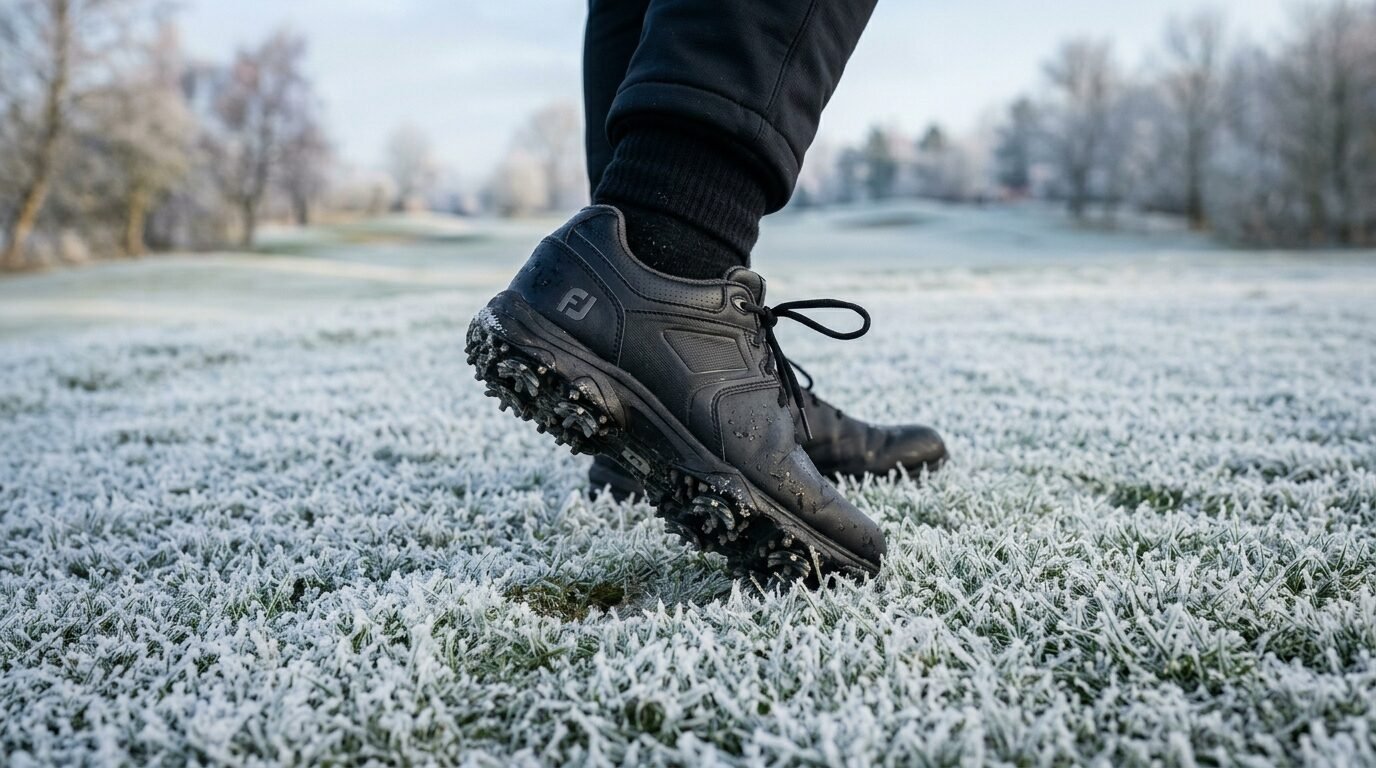 A pair of black spiked golf shoes stepping through cold, frozen winter grass on a fairway.