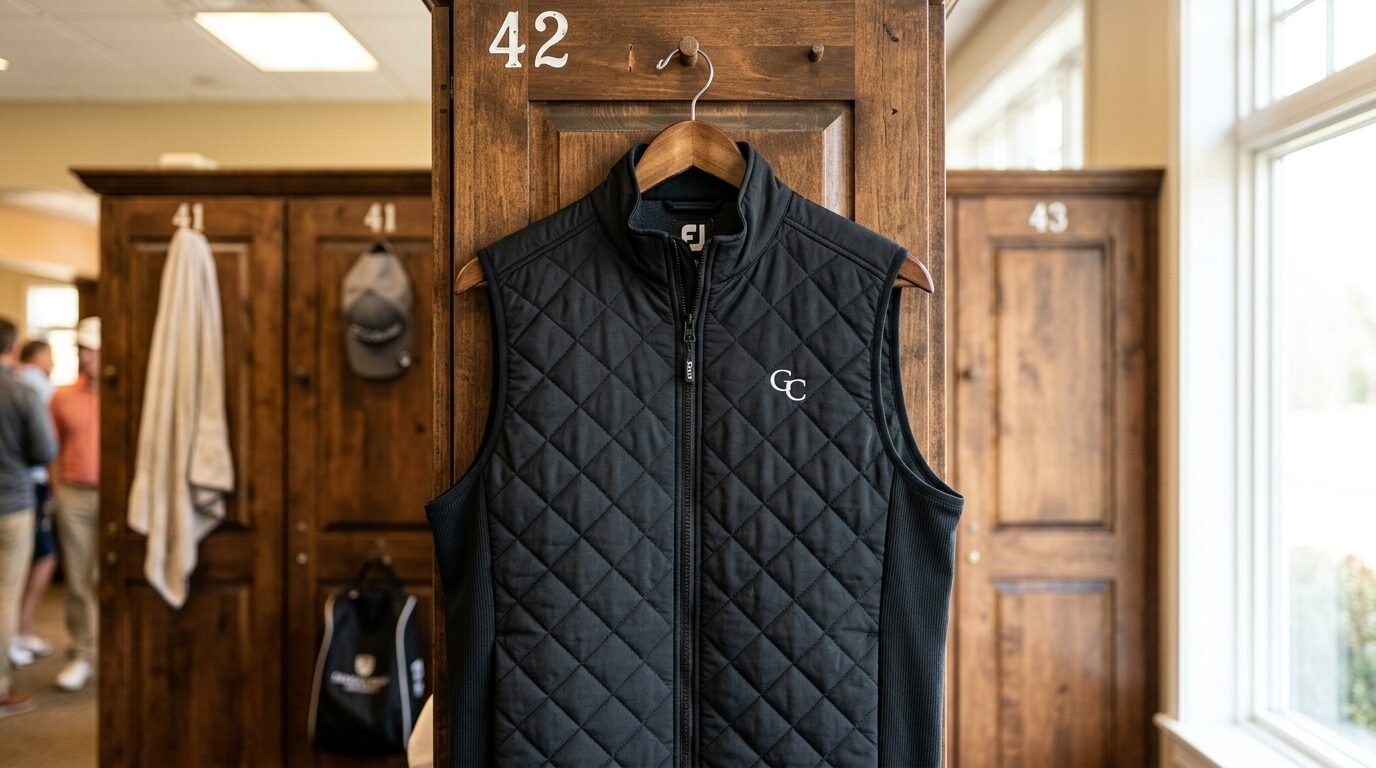 FootJoy quilted golf vest with a GC logo hanging on a wooden locker labeled 42.
