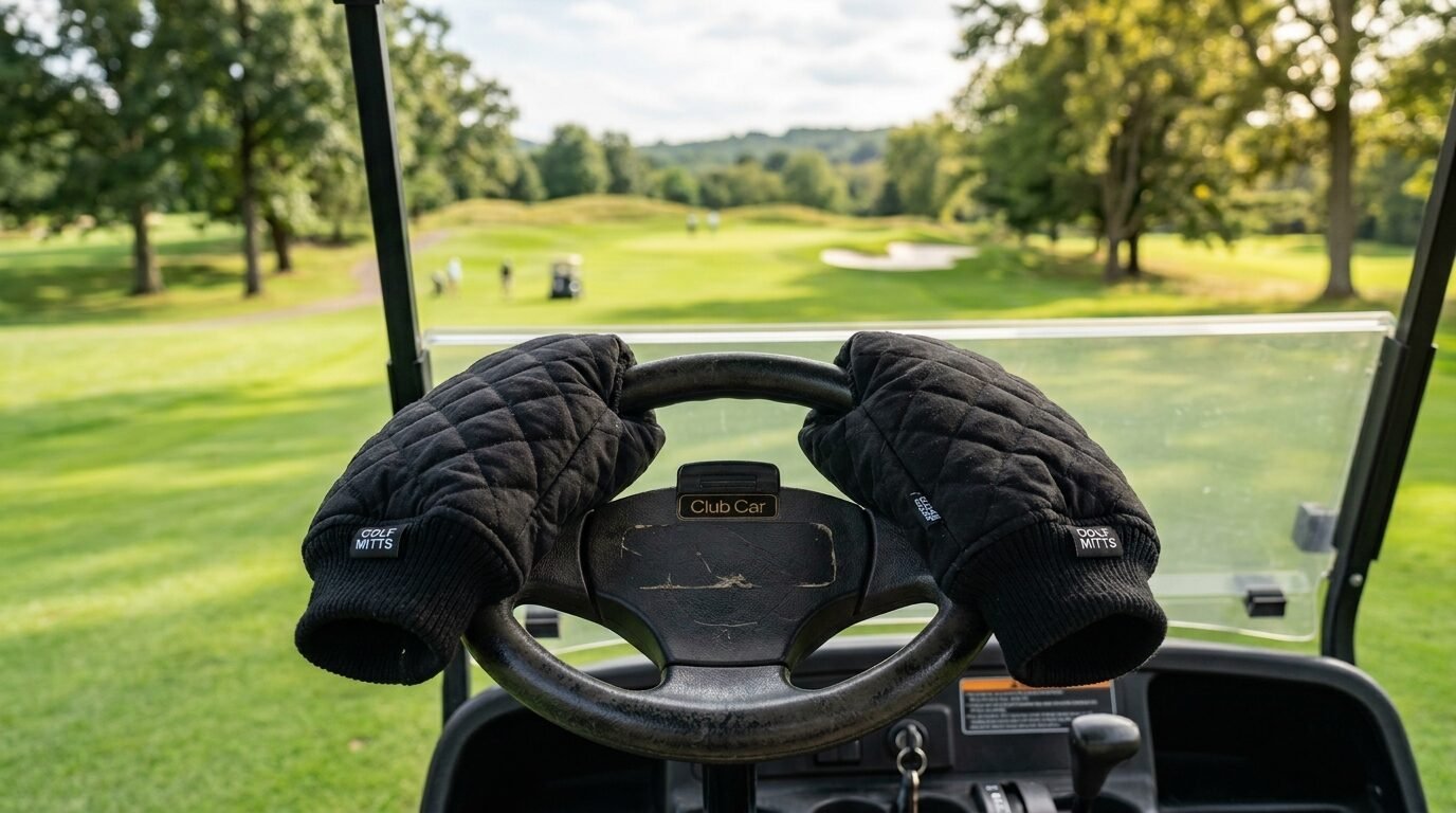 Close up of quilted thermal hand warmers mounted on a cart steering wheel overlooking a fairway.