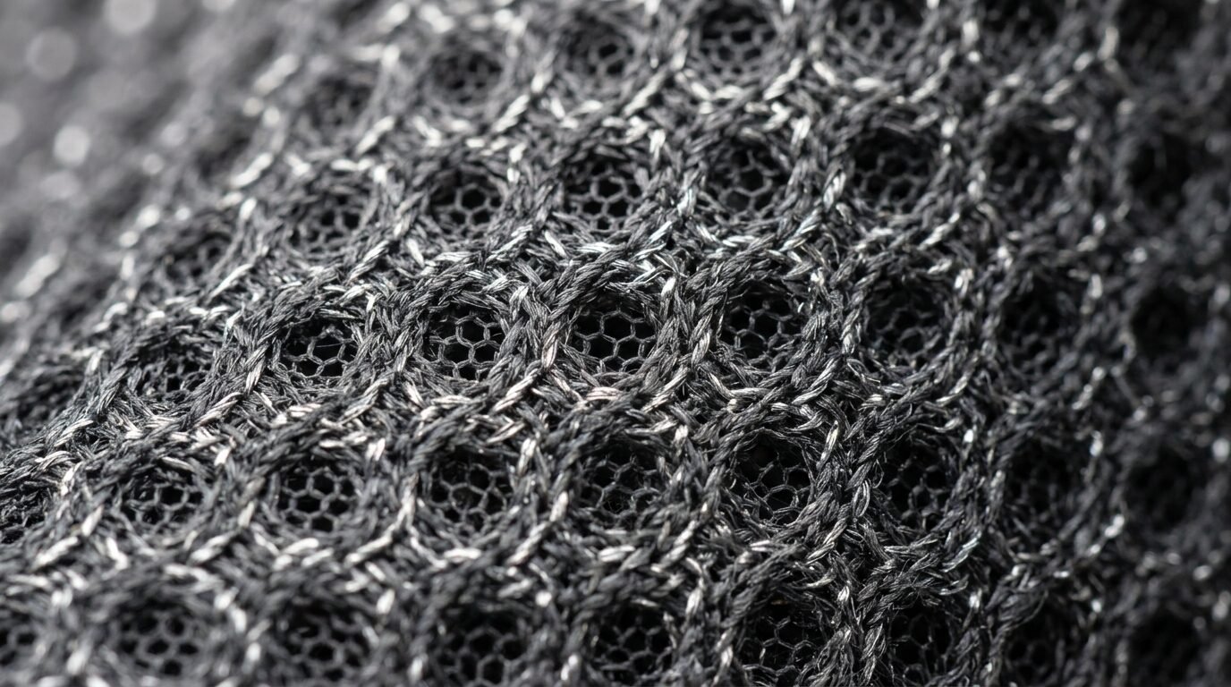 Extreme macro photography of dark, textured honeycomb pattern woven into synthetic sports fabric.