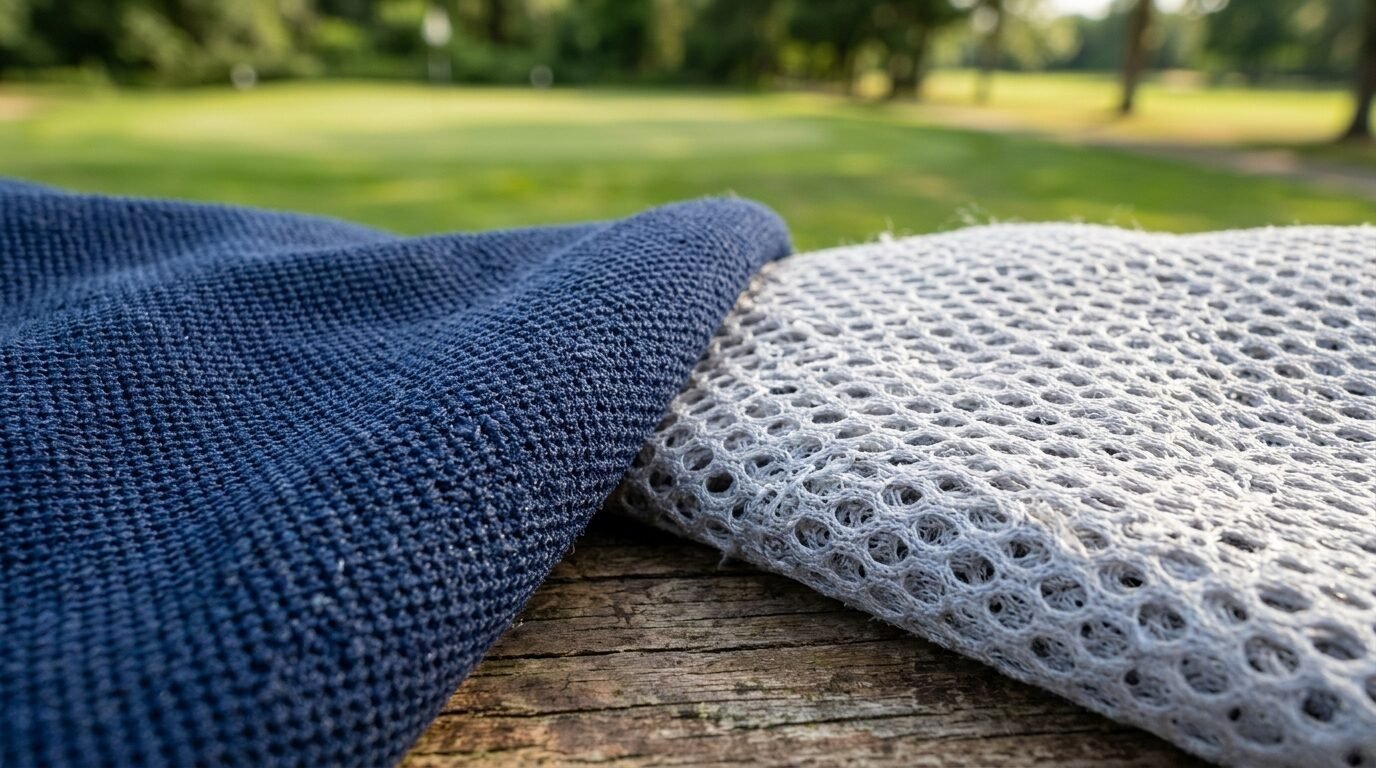 Close up of folded blue fabric and grey honeycomb mesh material resting on a weathered wooden table outdoors.