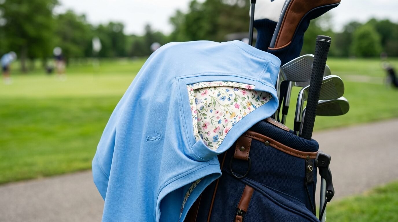 A blue athletic shirt draped over a golf bag with clubs visible against a blurred course background.