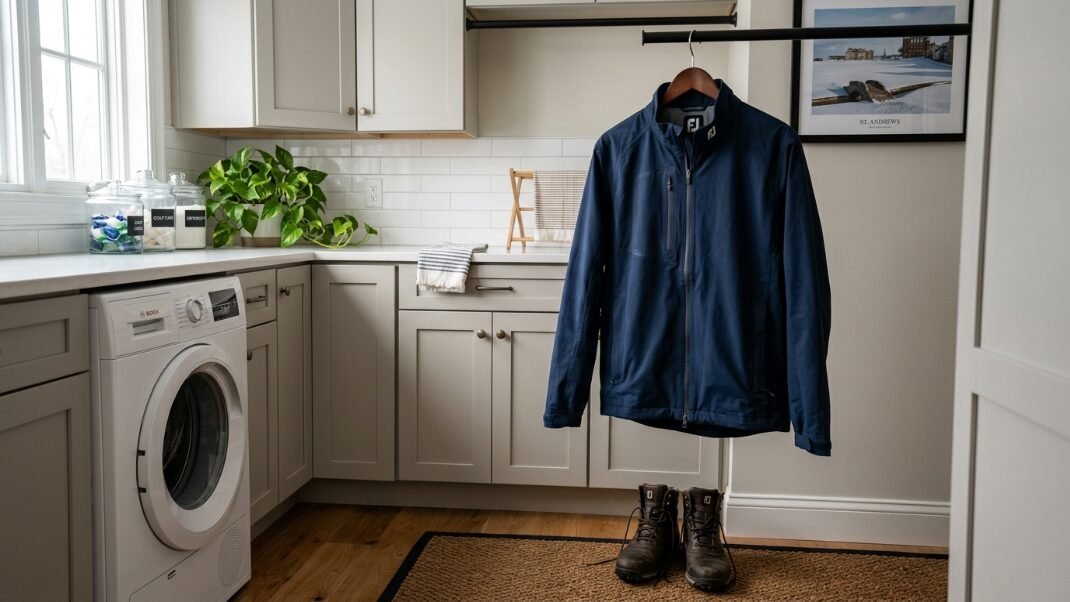 A FootJoy jacket hangs on a rack above a pair of leather hiking boots on a jute rug in a neutral-toned mudroom.