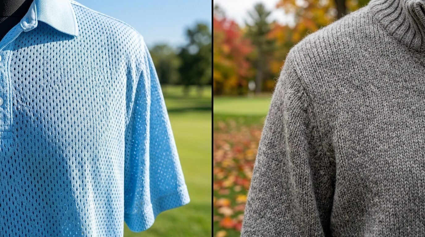 Split screen image showing a light blue mesh golf shirt on the left and a warm grey wool sweater on the right.