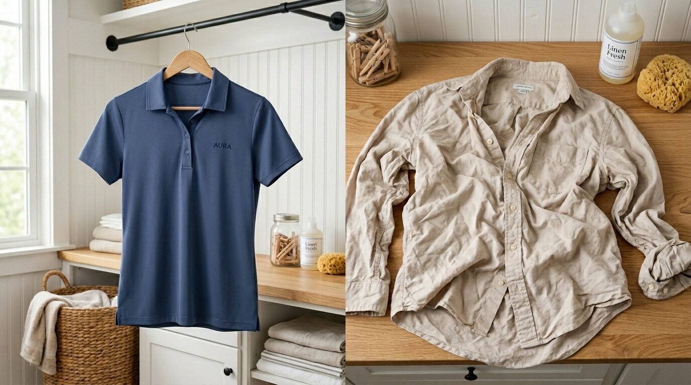 Split view showing a blue embroidered polo on a hanger and a wrinkled tan long-sleeve shirt lying on a wooden table.