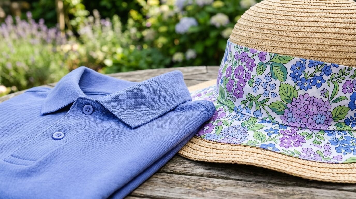 Close up of a blue cotton shirt and a wide brim hat with a purple and green flower print band on a wooden table.