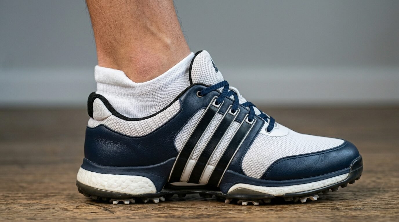 Close up of a person wearing a white and navy leather Adidas golf sneaker with a textured sole.