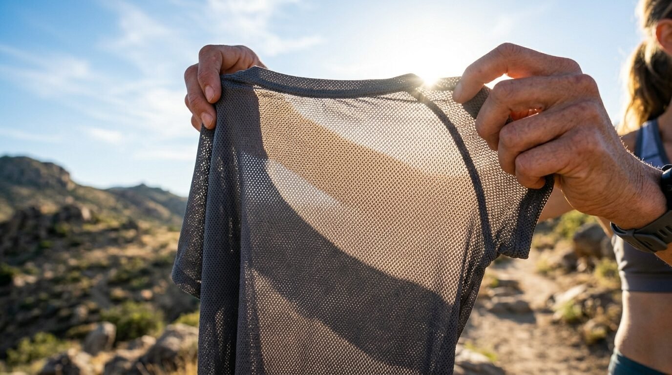 Close up of hands holding a dark grey athletic shirt to show the mesh material against the sun.