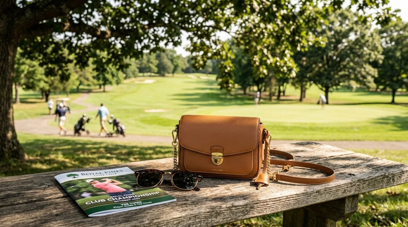 A tan leather shoulder bag and sunglasses rest on a wooden bench at a golf course with players in the background.