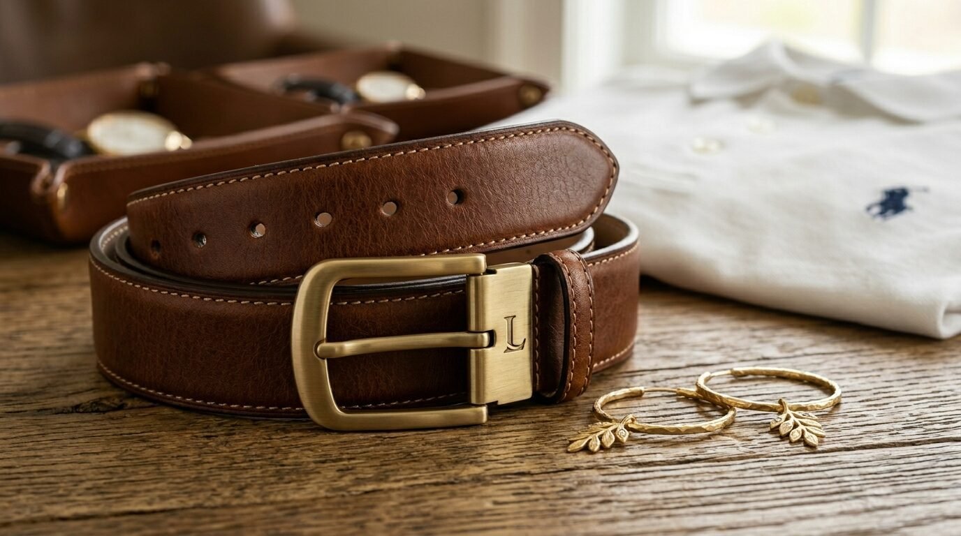 Close-up of a brown leather belt with a brass buckle resting on a wooden surface next to gold leaf earrings.