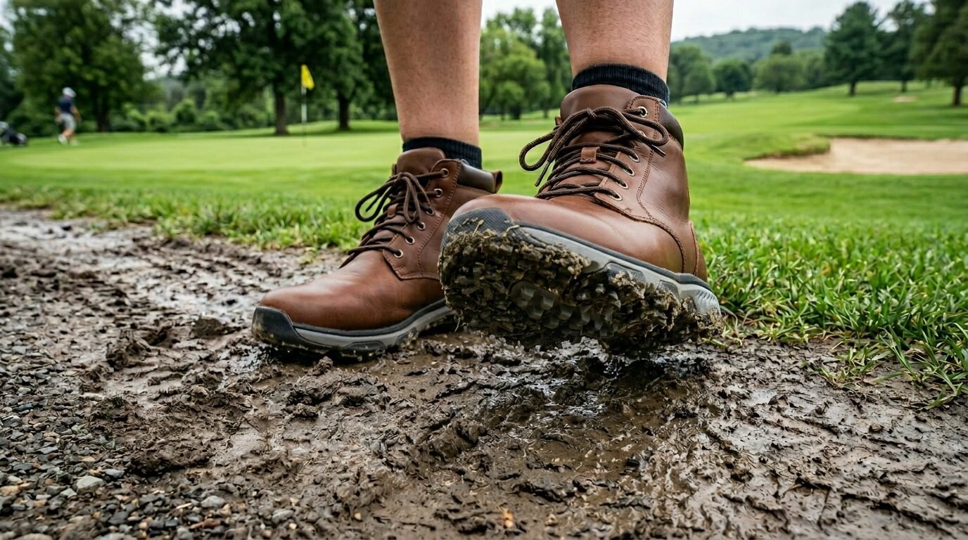 Close-up of person wearing brown leather boots with mud-caked soles walking on a wet golf course path.
