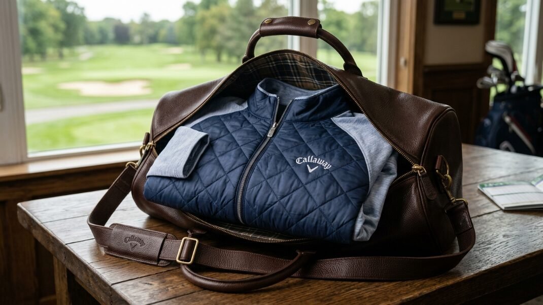 Blue Callaway quilted jacket stored in an open brown leather duffel bag on a wooden table at a golf course.