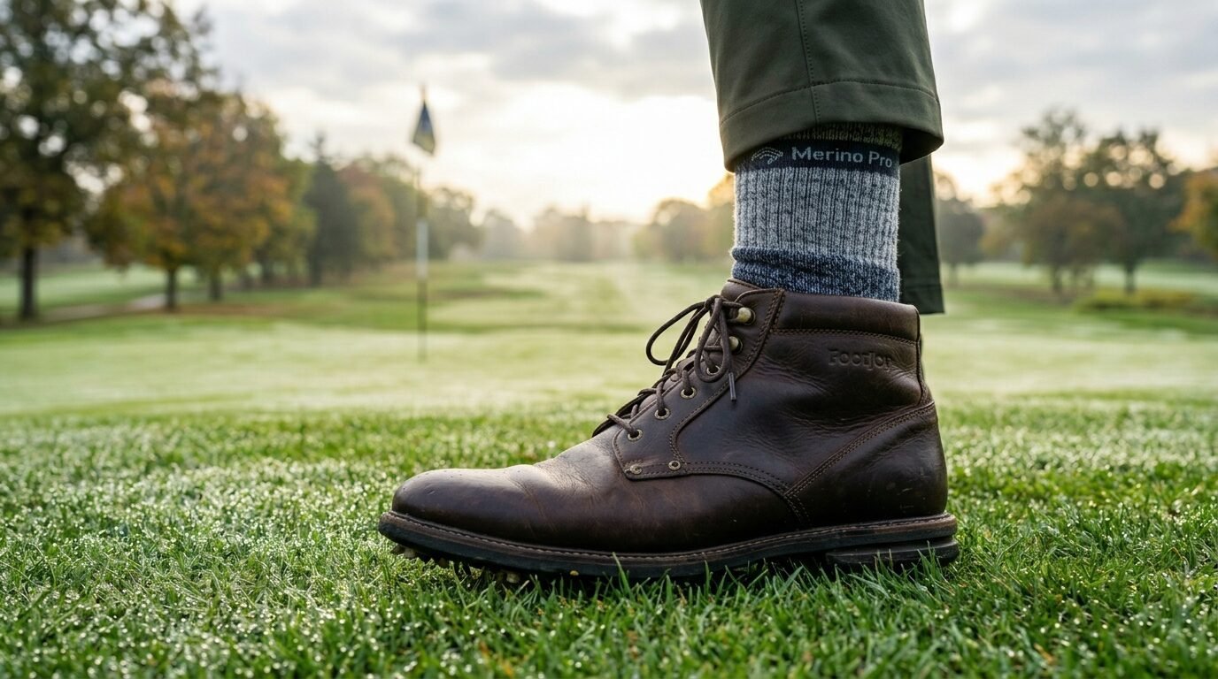 A person wearing a brown leather golf boot and merino wool sock standing on wet morning grass at a golf course.