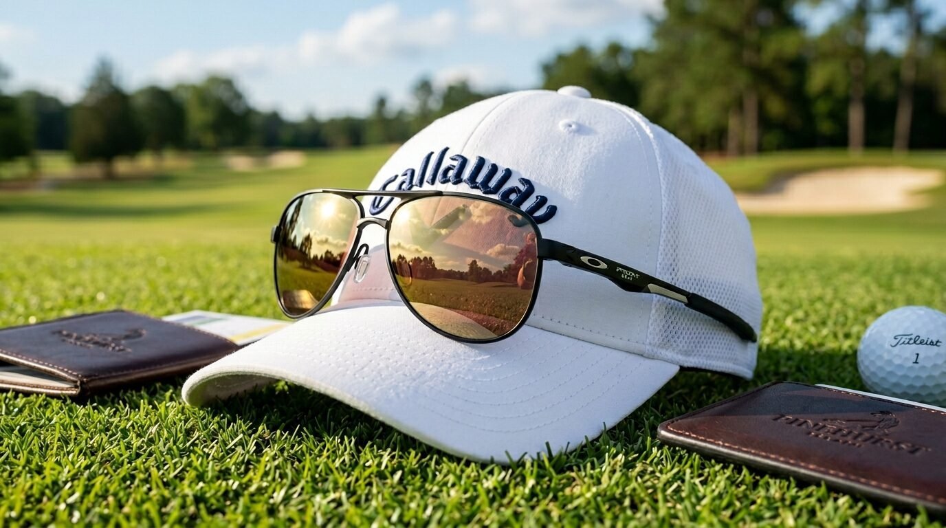A white golf hat and aviator sunglasses sitting on a putting green with a ball and leather scorecard holder nearby.
