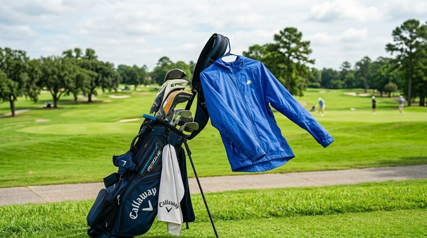 A navy Callaway golf bag with clubs and a white towel sitting on a golf course with a blue Nike jacket hanging off it.