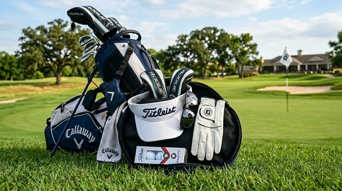 A golf bag filled with Callaway clubs, a Titleist visor, golf glove, and balls sitting on a manicured golf course.