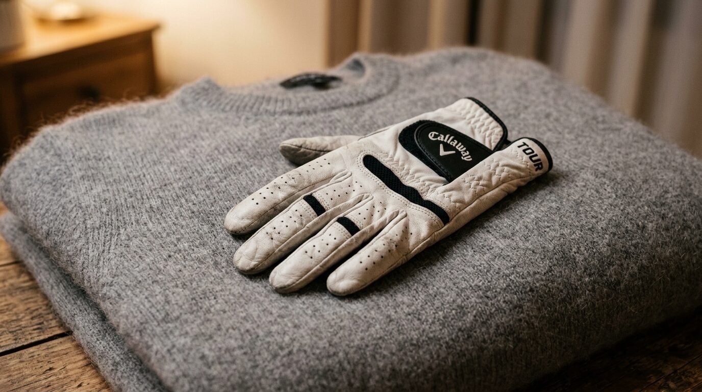 A white leather professional golf glove with black branding placed flat on a textured wool garment.