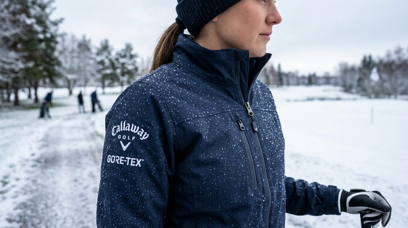Close-up of a woman in a navy Callaway Gore-Tex jacket covered in rain droplets on a snowy golf course.
