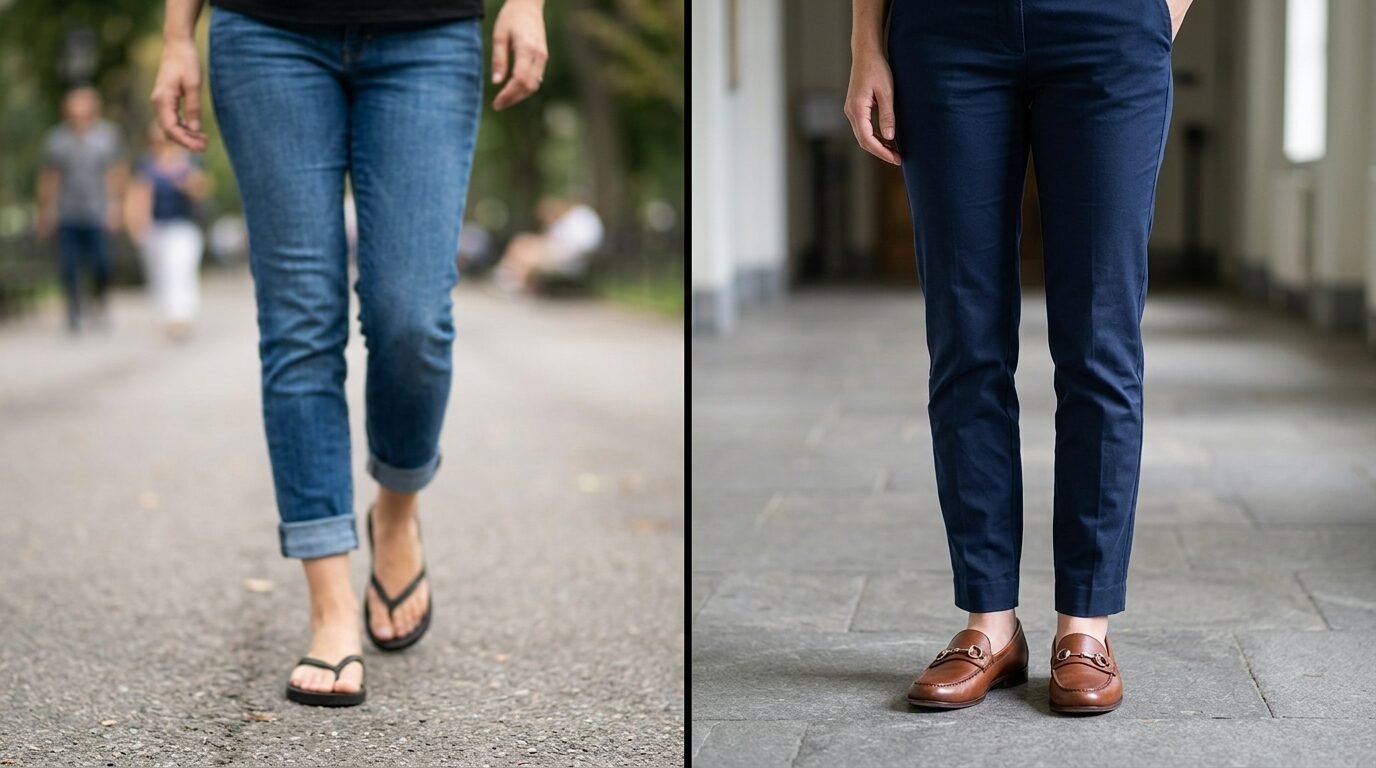 Split image showing a person in cuffed jeans with flip-flops and another wearing dress pants with brown leather loafers.
