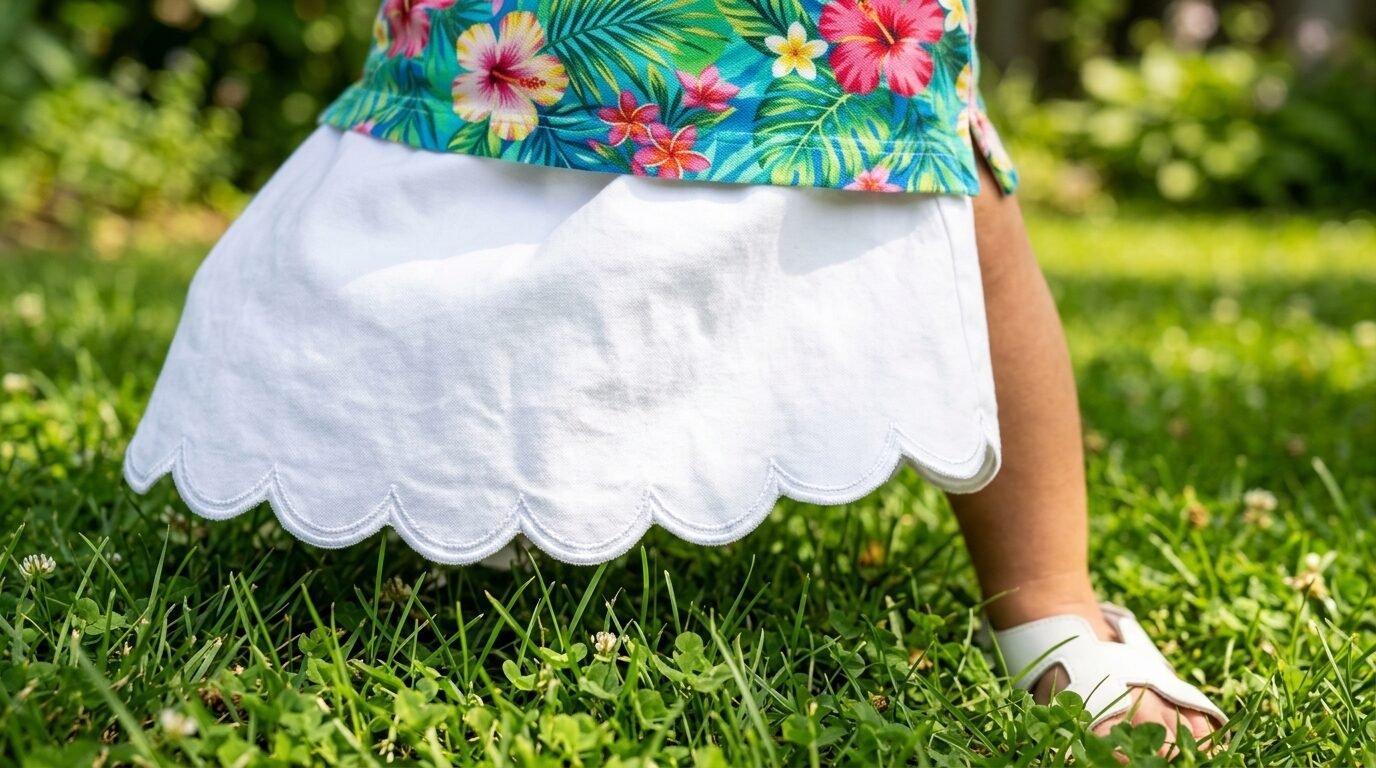 Close up of a toddler wearing a white scalloped edge skirt and a bright hibiscus floral shirt standing on grass.