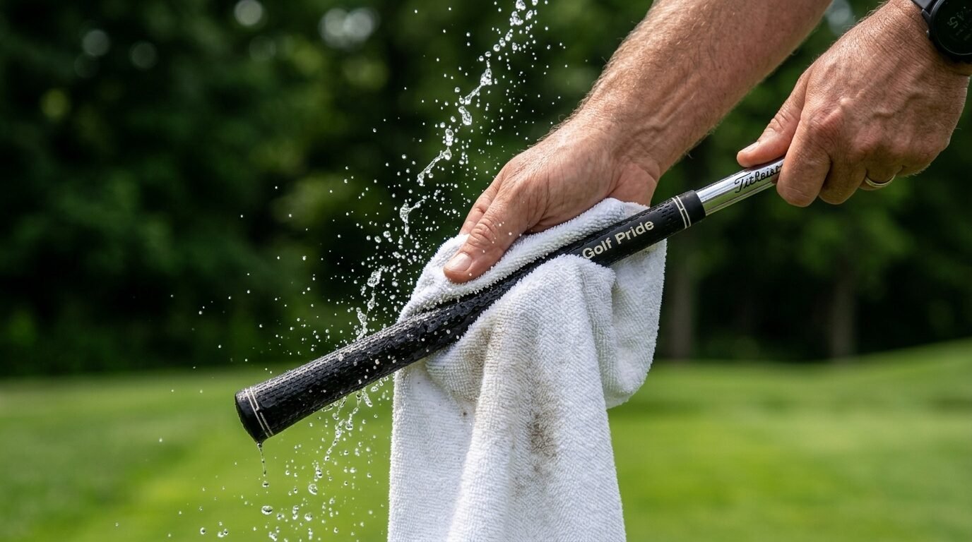 Close up of a hand wiping a wet Golf Pride club handle with a white towel on a green course.