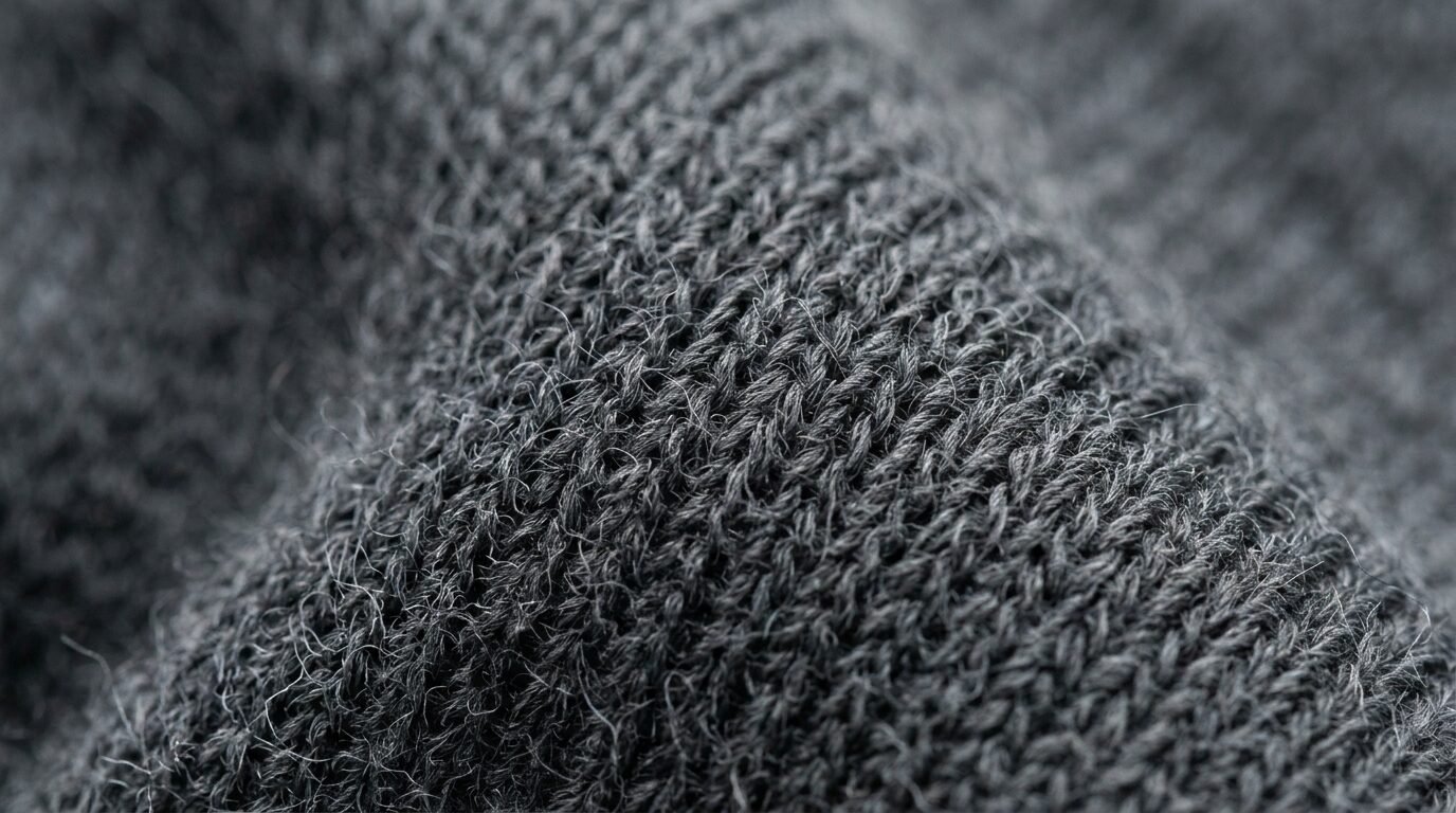 Close up of the intricate fiber weave and fuzzy texture of a charcoal colored knit garment.