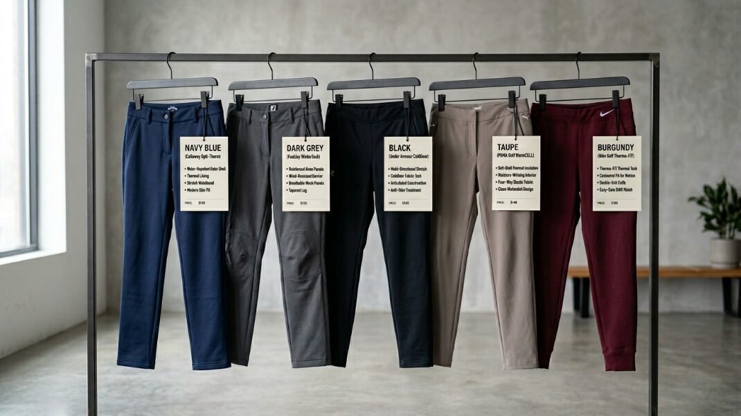 Five pairs of golf pants in navy, grey, black, taupe, and burgundy hanging on hangers with informational price tags.