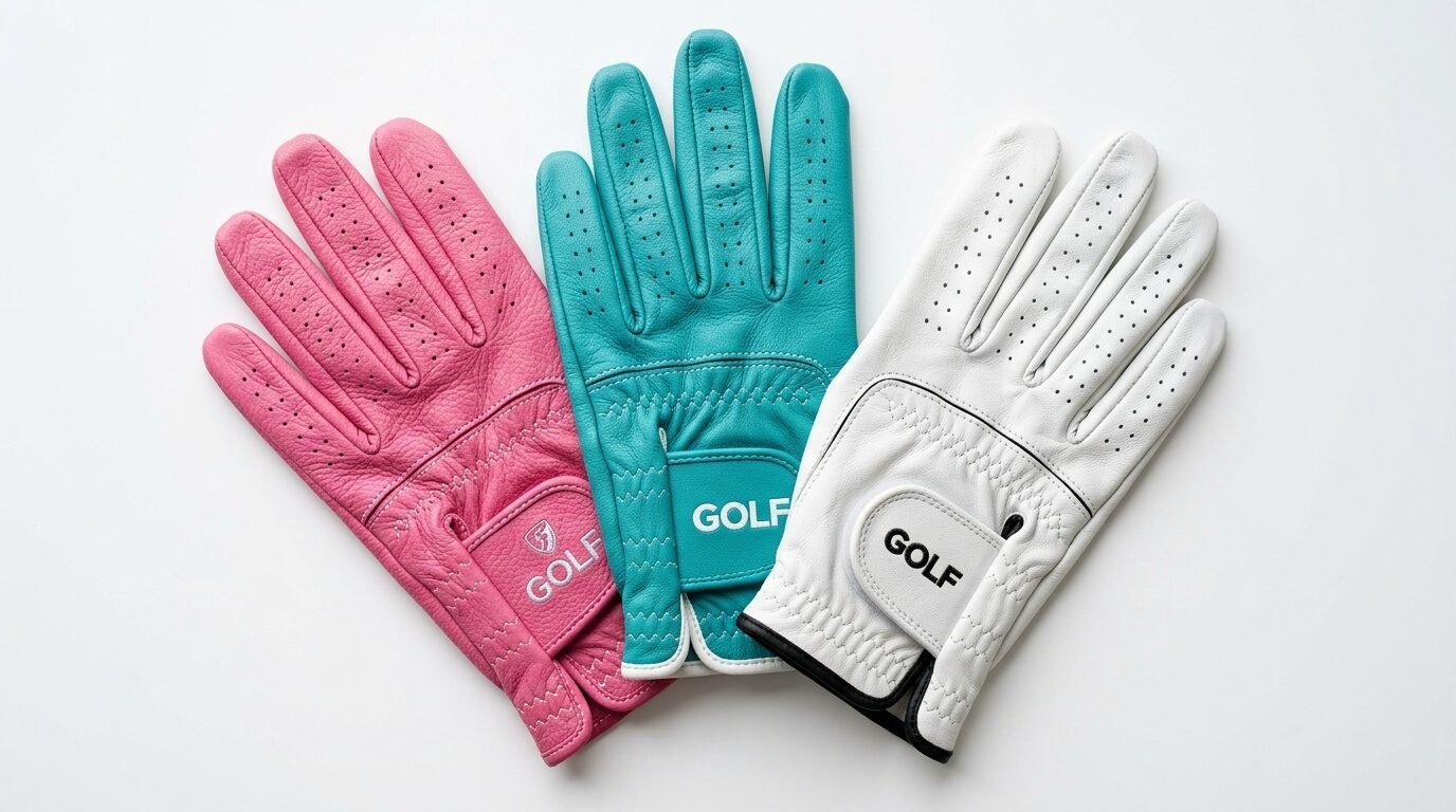 A set of perforated golf gloves in pink, bright blue, and white arranged on a clean white surface.