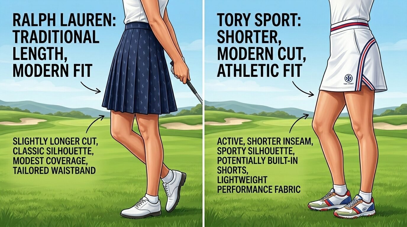 Split screen illustration showing differences between pleated blue and white athletic golf skirt styles on a course.