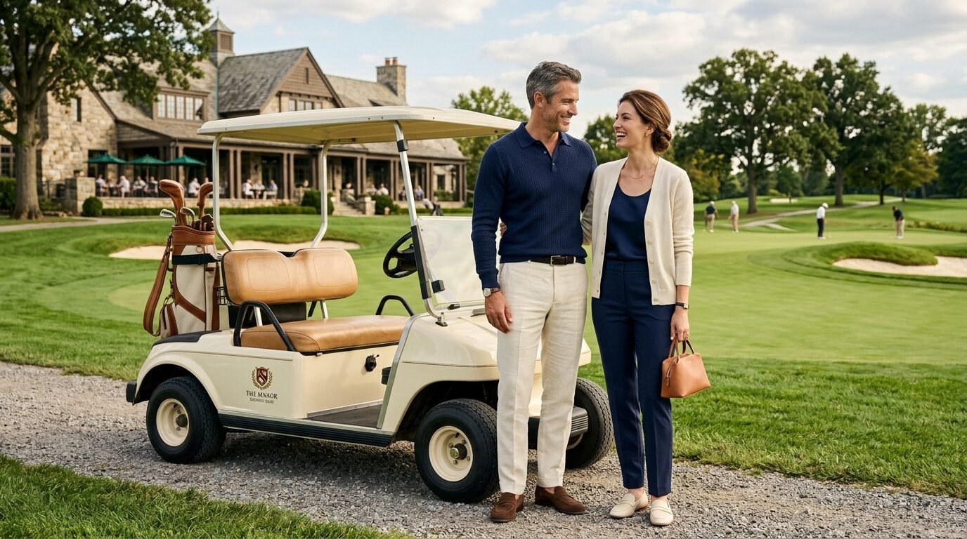 A man and woman dressed in elegant attire standing next to a golf cart on a manicured course.