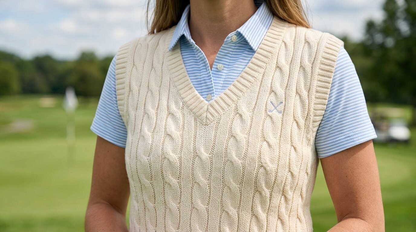 Close-up of a person wearing a beige V-neck cable knit vest layered over a blue and white striped collared shirt.