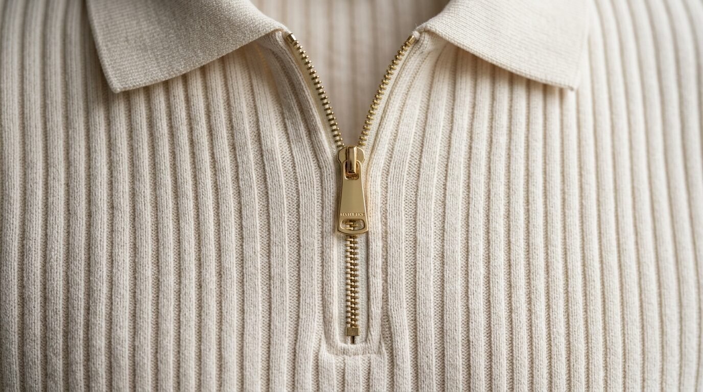 A beige knit polo shirt with a metallic gold zipper detail.