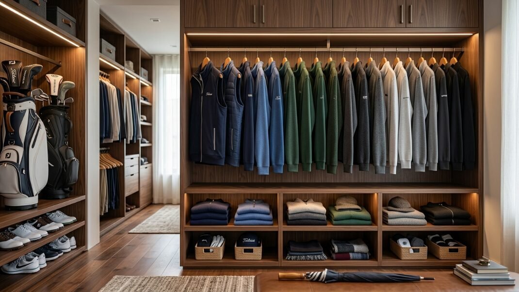 A modern walk-in closet with walnut cabinetry holding hanging sweaters, folded clothes, and golf bags.