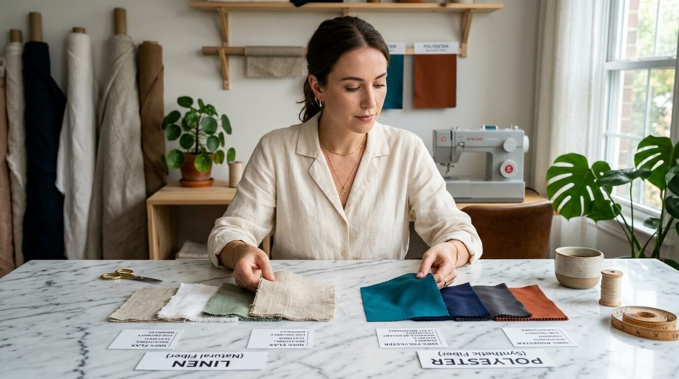 Woman in a light linen shirt examining small fabric samples labeled as linen and polyester.